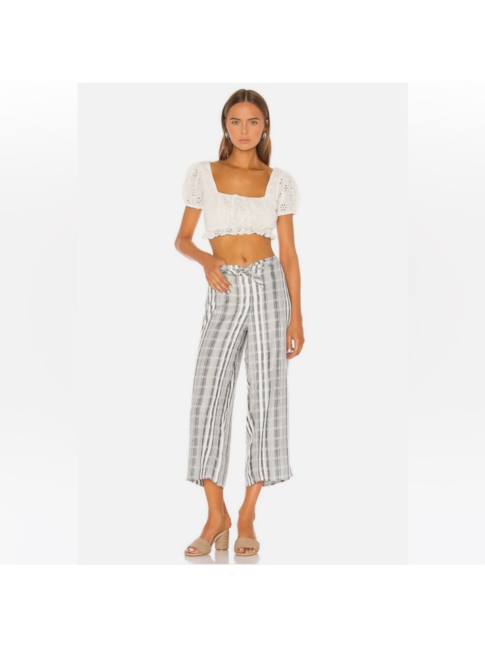 L*Space Lana Pants Neutral Grey Stripe Tie Front Wide Leg Crop Pants Size Large